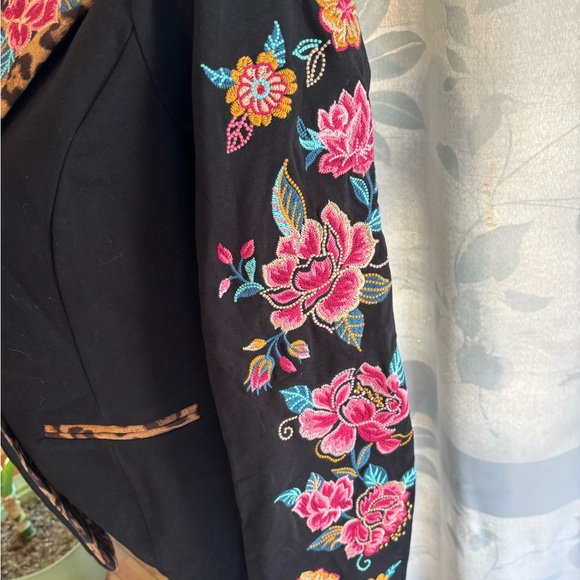Embroidered Black Jacket with Leopard Print and flower Accents - Picture 3 of 8